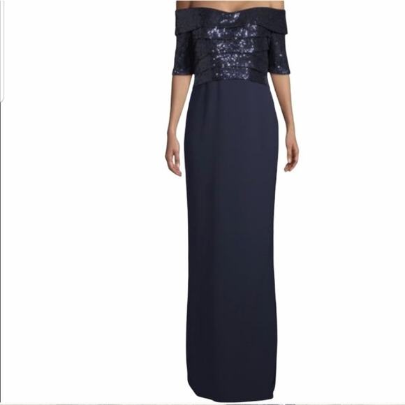 Rene Ruiz Collection Evening Dress 4 Sequins Off The Shoulder Column Navy Blue - Picture 1 of 16